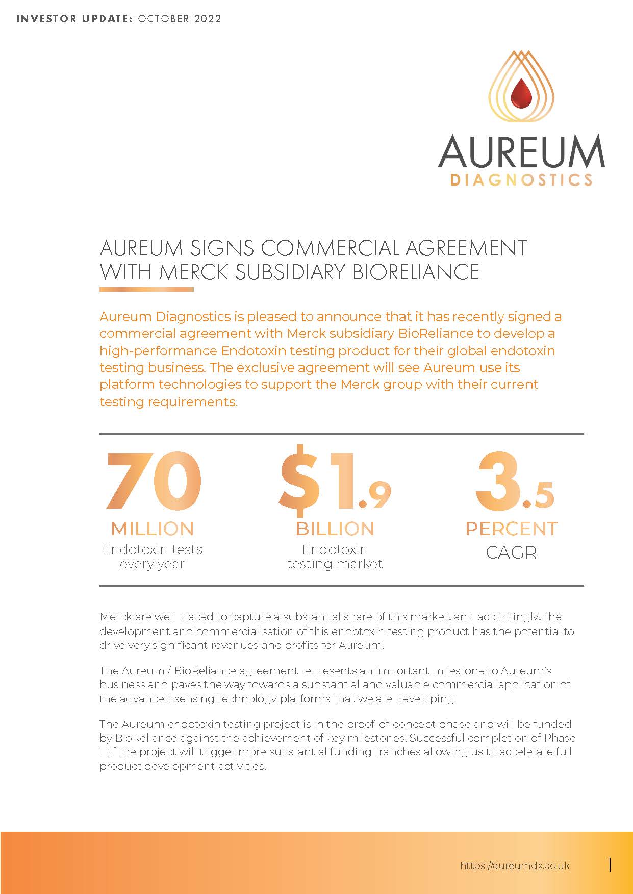 Aureum signs commercial agreement with BioReliance
